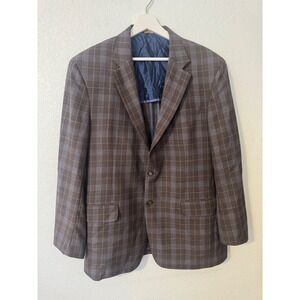 Robert‎ Talbott Plaid Wool Blazer Sport Coat Two Button Brown Blue 44R